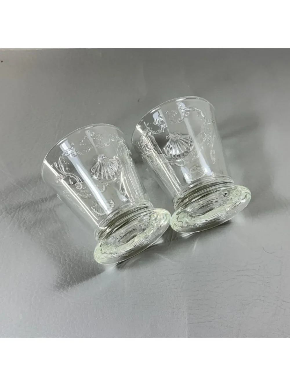 La Rochère France Clear Glass Mer Shell Footed Tumbler Juice Glasses Pair
